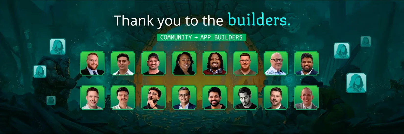 CriblCon 2026 keynote slide reading “Thank you to the builders. Community + App Builders” above a grid of sixteen headshots, Paul Stout and Andrew Hendrix among them